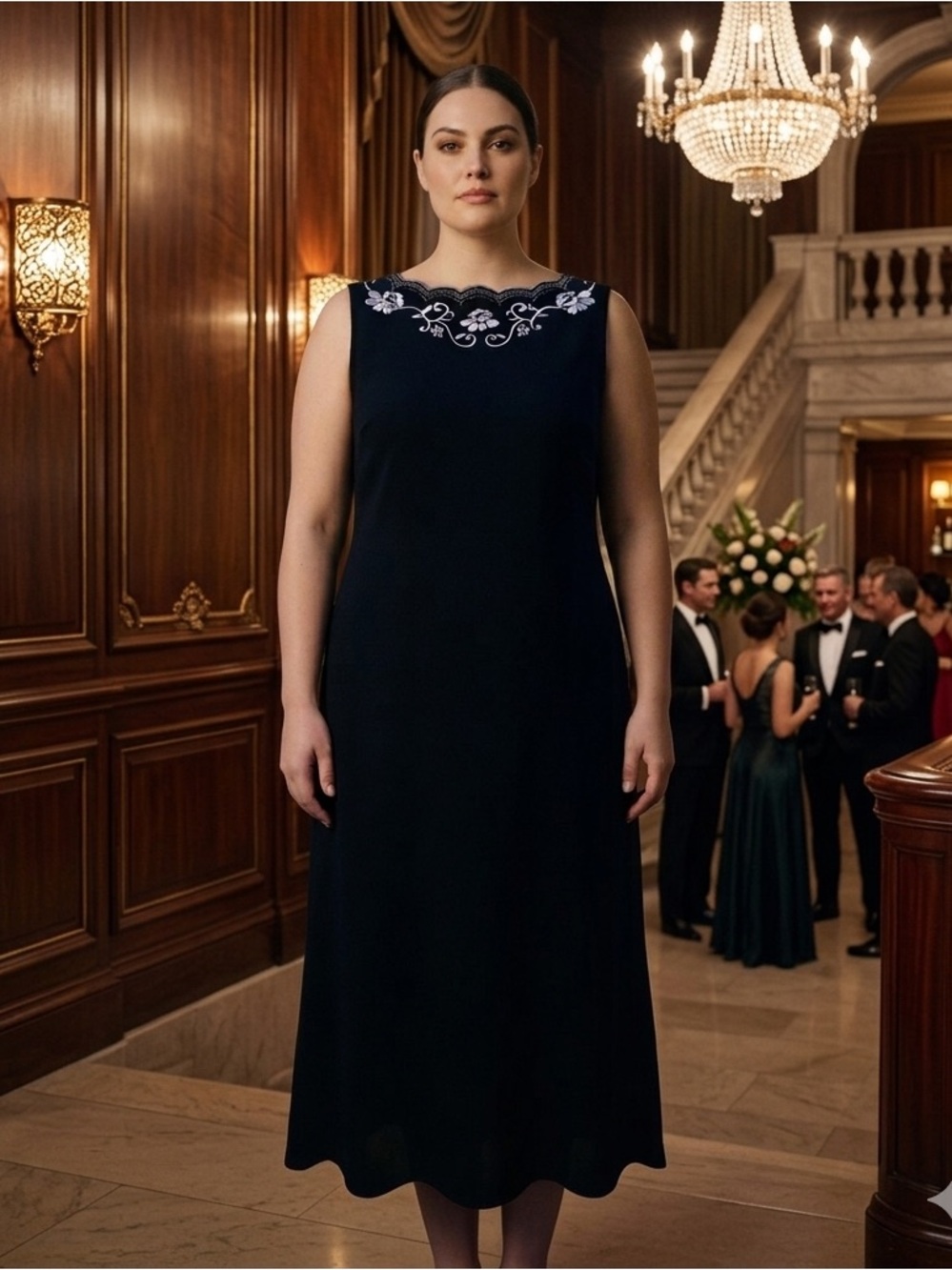 S.L. Fashions Woman Sleeveless Black Embroidered Neckline Dress - Size 18W
